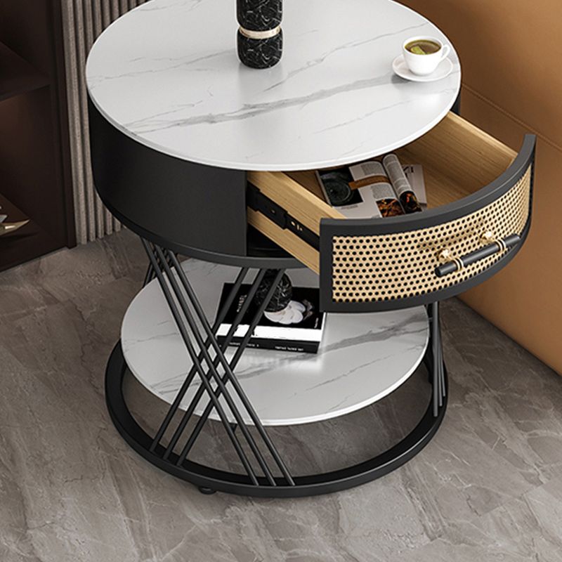 Drawer Side Accent Table Stone Top Metal Frame End Table with Shelf