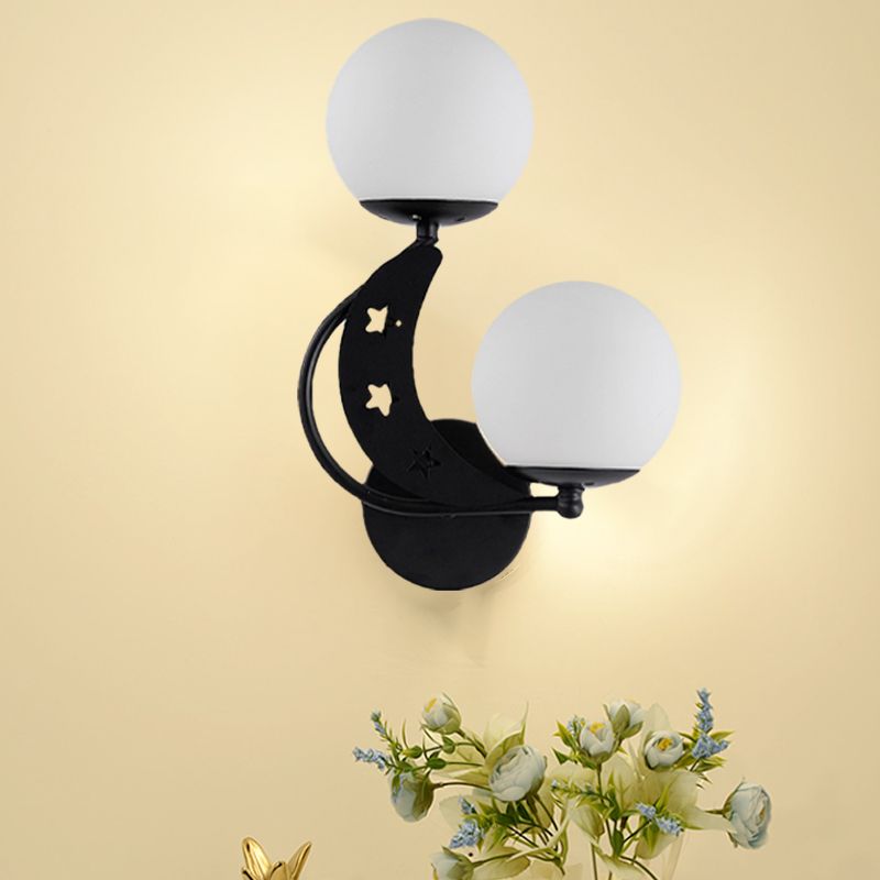 2 Bulbs Bedroom Sconce Light Contemporary Black/Gold Wall Lamp with Left/Right Milky Glass Ball Shade