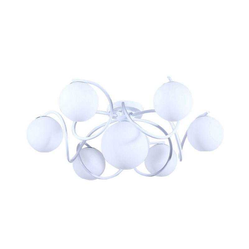 4/7 Lights Opal Glass Semi Flush Light Traditional Black/White Orb Living Room Ceiling Lighting, 22"/34" Wide