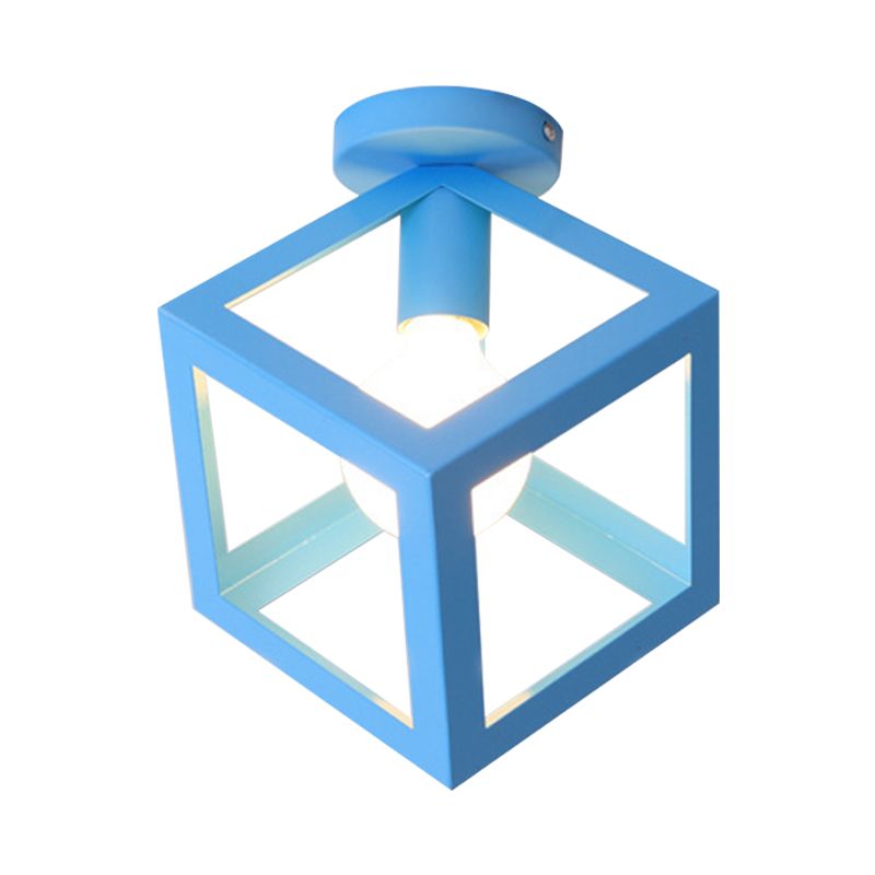 1 Light Squared Ceiling Mounted Light with Wire Guard Loft Style Black/Gray Metallic Semi-Flush Lighting for Bedroom