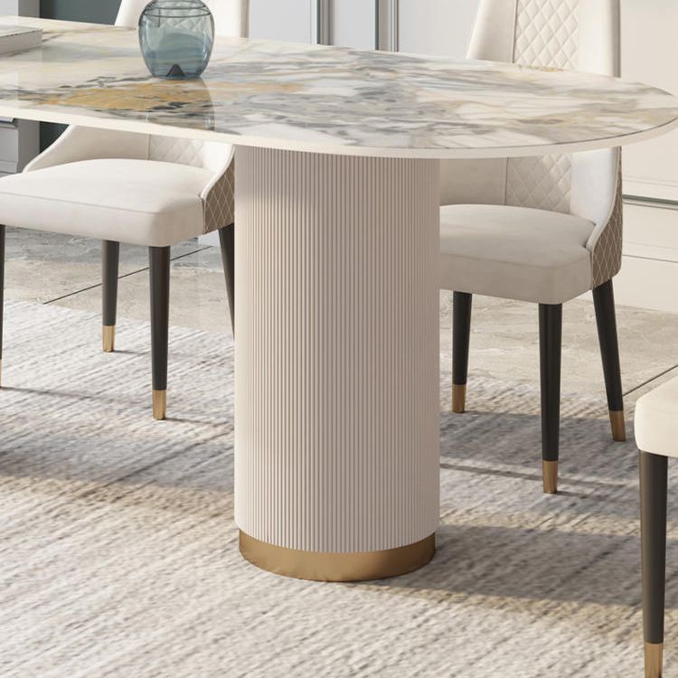 Traditional Luxury Sintered Stone Top Dining Table in White Oval Table with Double Pedestal
