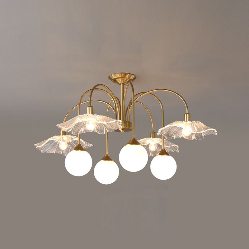 Metal Semi Flush Lamp Traditional Multi-Head Bedroom Ceiling Lighting with Glass Shade