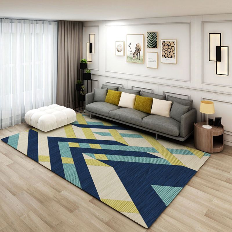 Fancy Modern Rug Blue Geometric Pattern Polyester Area Carpet Non-Slip Backing Rug for Living Room