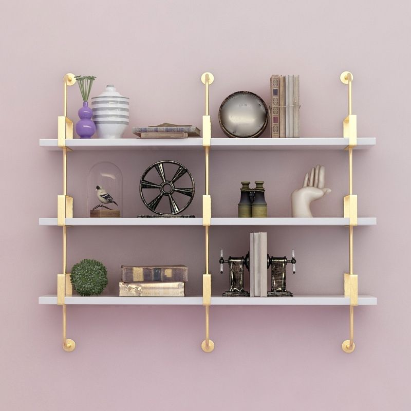 Metal and Wood Glam Shelf Bookcase Gold Wall Mounted Bookshelf for Office