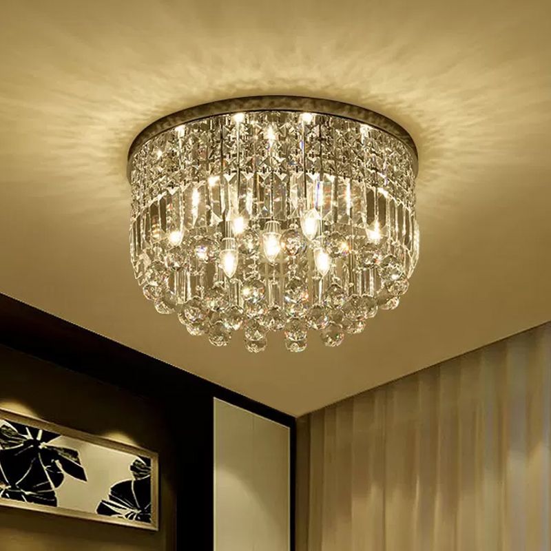 Nickel Round Flush Mount Light Modern 9-Bulb Clear Cut Crystal Ceiling Light Fixture