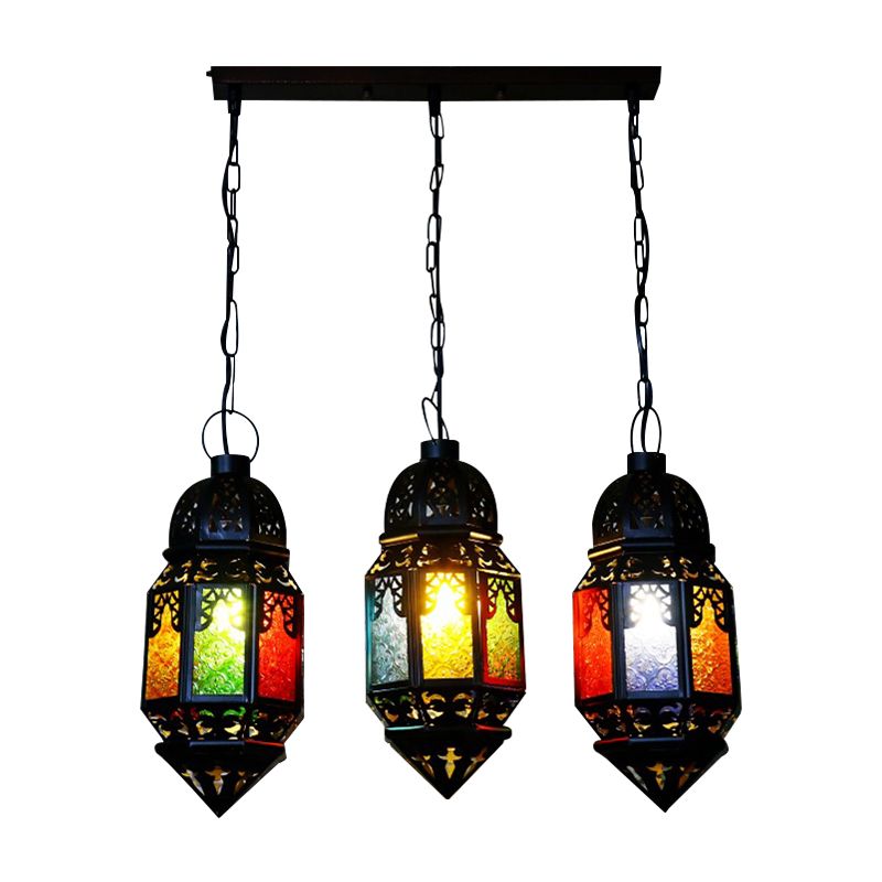 Black 3-Bulb Hanging Lighting Vintage Metallic Lantern Multi Pendant Lamp for Restaurant