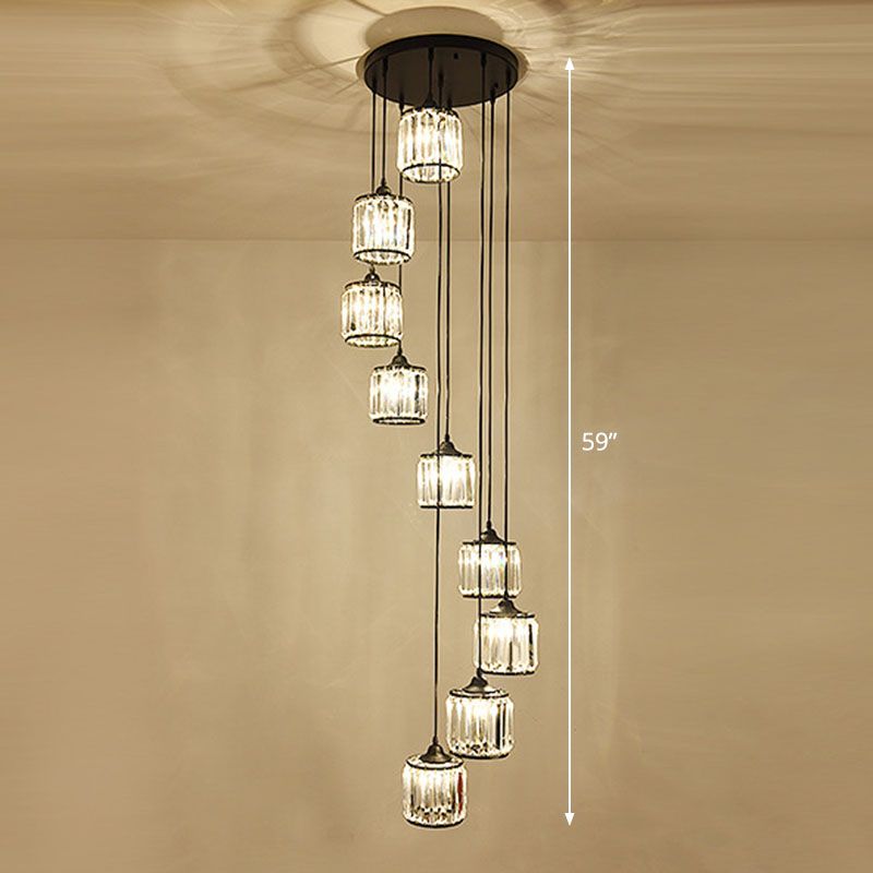 Modern Drum Multi Light Pendant Tri-Prism Crystal Staircase Hanging Lighting in Black