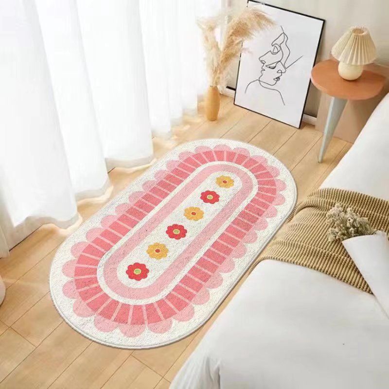 Cartoon Flowers Rug Ellipse Shape Stain Resistant Rug for Home Decor