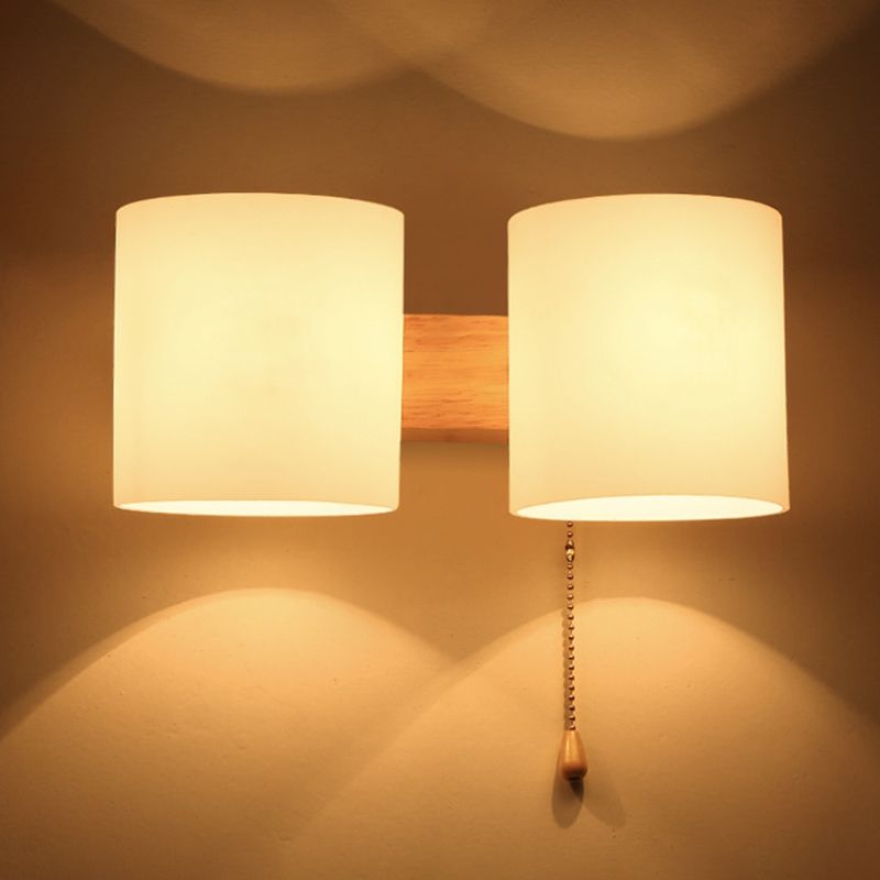 Wooden Cylindrical Wall Lamp in Modern Concise Style White Glass Wall Light for Bedroom