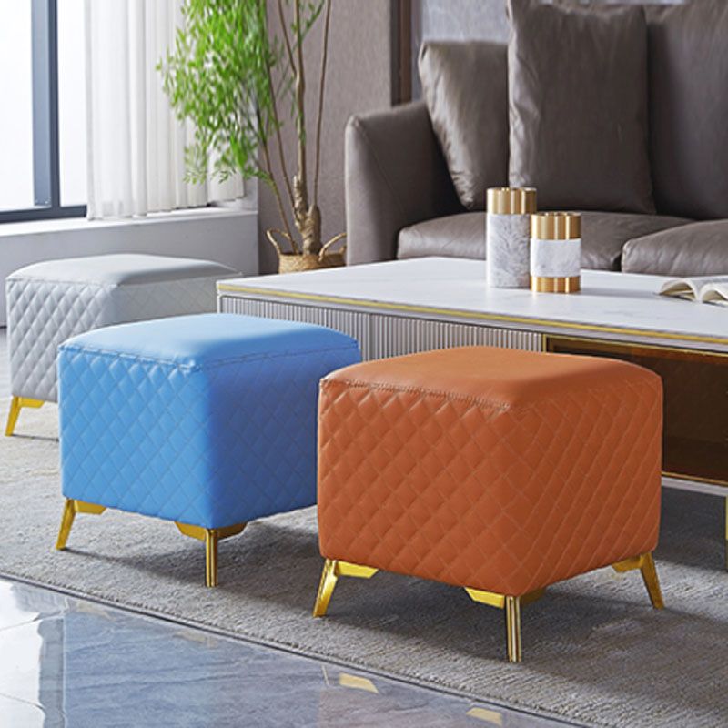 Glam Ottoman Genuine Leather Upholstered Diamond Lattice Square Ottoman with Metal Legs