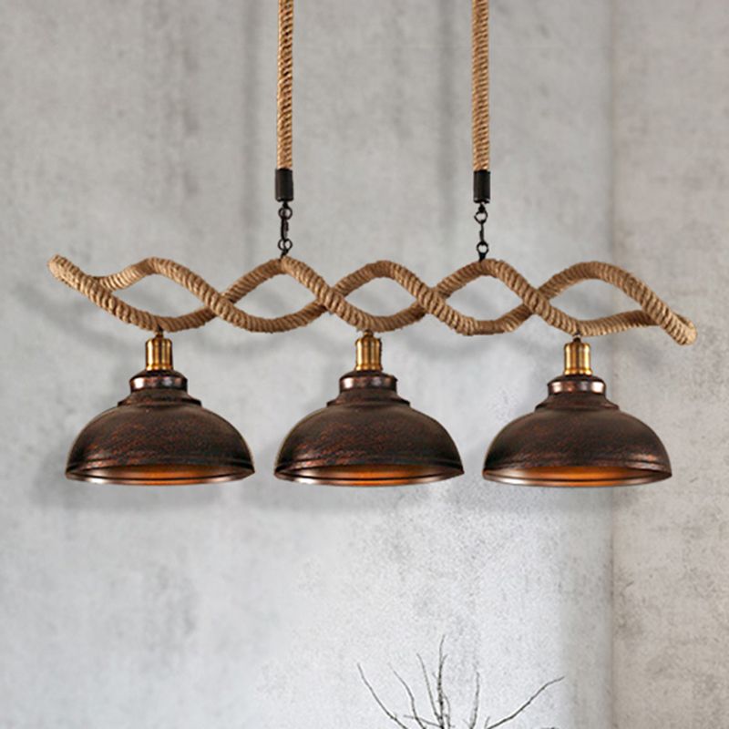 Dome Kitchen Island Pendant Light Industrial Metal and Rope 3 Lights Rust Hanging Lamp Kit