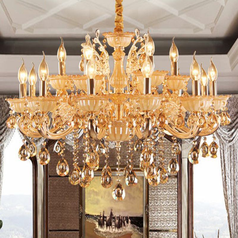 Amber Glass Candle Chandelier Lamp Traditional Living Room Suspension Light in Gold with Crystal Decor