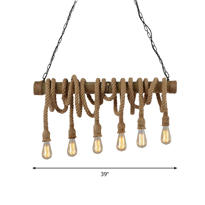 3/4 Lights Open Bulb Island Light Lodge Industrial Beige Adjustable Rope Ceiling Light with Bamboo