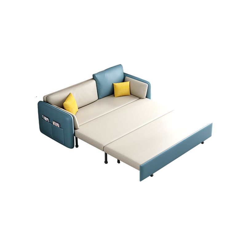 Faux Leather Sofa Bed Contemporary Square Arm Convertible Sofa in Blue