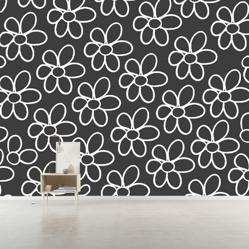 Simple Flower Wall Paper Mural for Bedroom Customized Wall Covering in White on Black