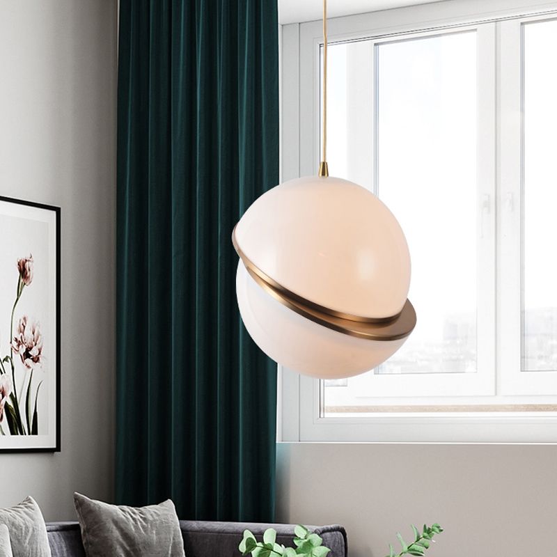 Sliced Sphere Gallery Hanging Lamp Frosted White Glass 8"/10"/12" W Single-Bulb Postmodern Ceiling Pendant in Brass