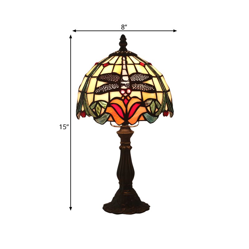 Lampada da tavolo in vetro colorato rosso/arancione con paralume a cupola, lampada da scrivania vittoriana a 1 luce con libellula e motivi floreali