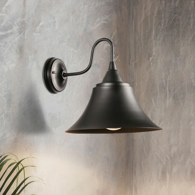 Single-Bulb Bell Shade Wall Lamp Farmhouse Black Iron Gooseneck Wall Mounted Light Fixture