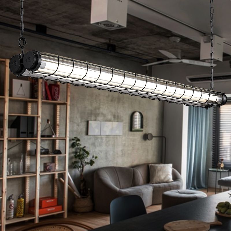 Black Metal Island Light Fixture Industrial Cylinder LED Hanging Lamp with Glass Shade