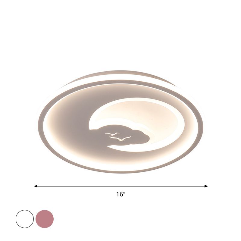 Pink/White Circle LED Ceiling Fixture Modern 16"/19.5" Dia LED Acrylic Flush Mount Light with Moon and Bird Pattern, Warm/White Light