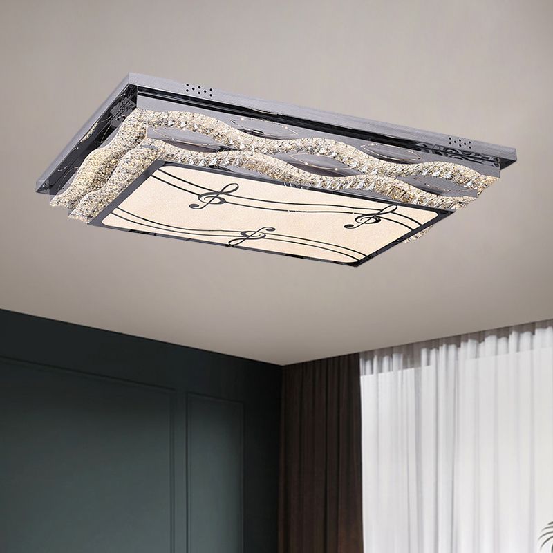 Rectangle Clear Crystals Ceiling Light Contemporary LED Bedchamber Flushmount in Stainless-Steel with Note Pattern