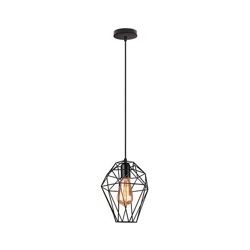 1 Head Wire Cage Ceiling Pendant Light Industrial Black Metallic Ceiling Fixture with Geometric Shade