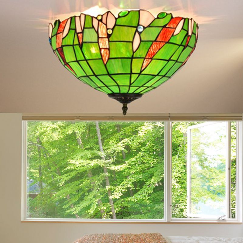 Cut Glass Domed Flush Mount Lighting Fixture Baroque 3 Lights Green Flush Light for Corridor