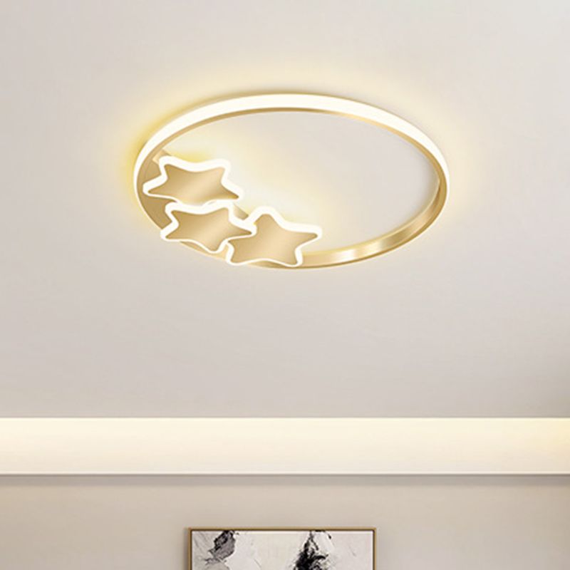 Gold LED Ring and Star Flushmount Simplicity Acrylic Ceiling Mounted Fixture in Warm/White Light