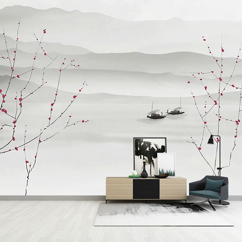 Full Illustration Boat and Mountain Mural for Home Decoration, Soft Grey, Custom-Printed