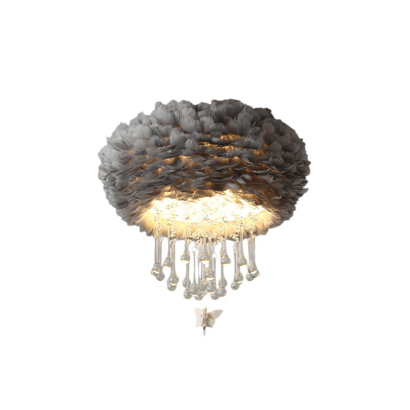Nordic Cloud Flush Light White/Pink/Black Feather 2/3/4 Lights Bedroom Ceiling Lamp with Crystal Drop, 16"/19.5"/23.5" W