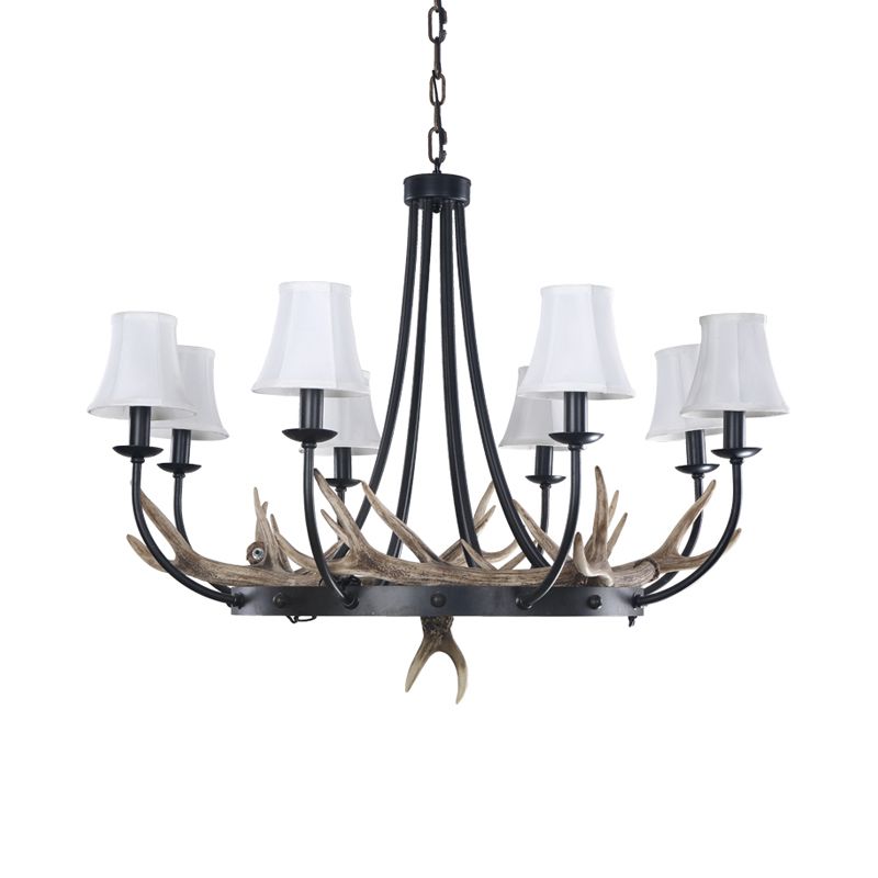 Bend Arm Metallic Hanging Chandelier Countryside 8-Bulb Kitchen Suspension Lamp in Black with Cone White Fabric Shade