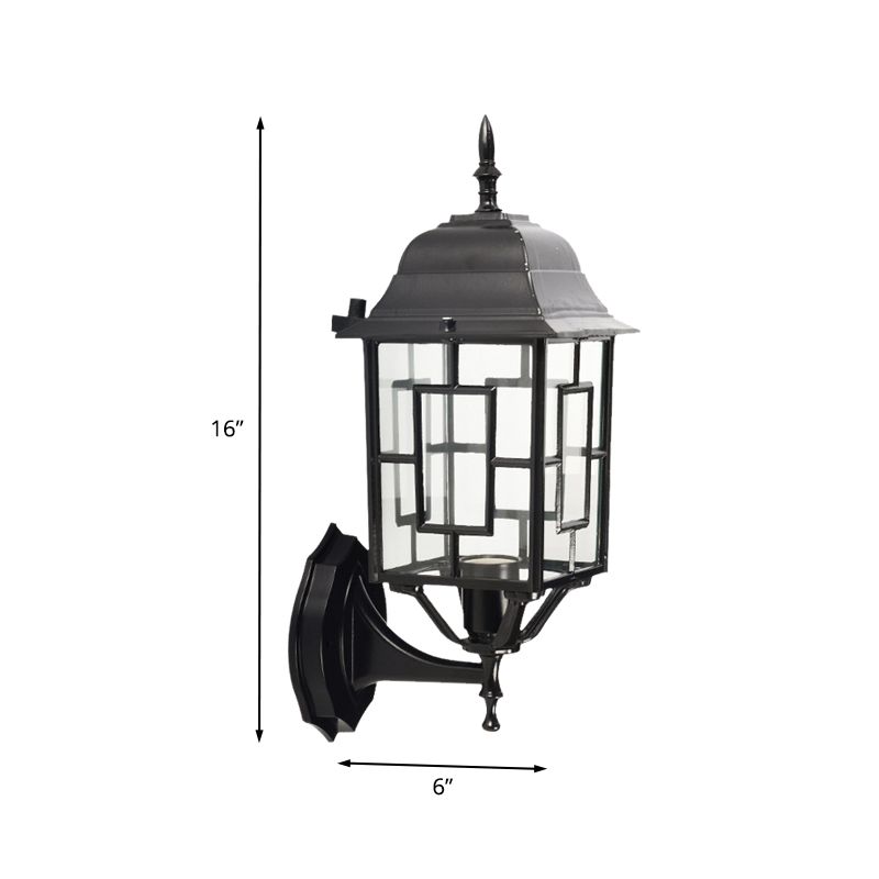 Metallic Pavilion Sconce Rustic 1 Head Garden Wall Lighting Ideas in Black with Clear Glass Shade