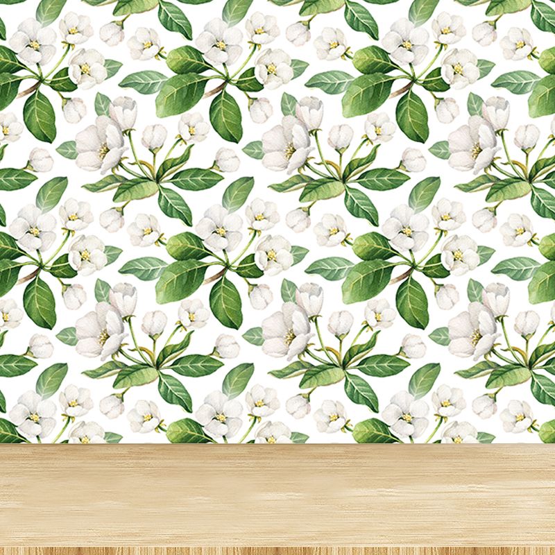 Tropical Blossom Mural Decal White Living Room Wall Covering, Custom Size Available