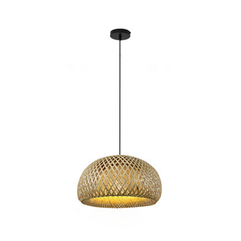 Asian Creative Bowl Pendant Light Wrought Iron Hanging Lamp with Bamboo Weaving Shade