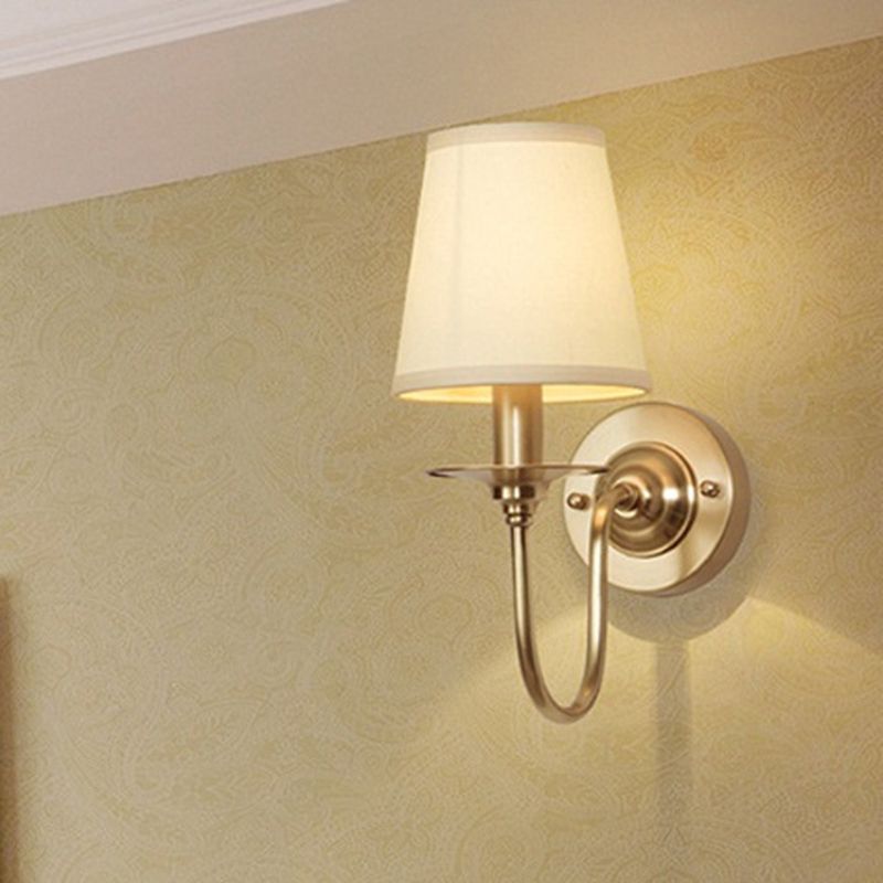 1-Light Cone Wall Mounted Light Traditional White Fabric Wall Lamp with Swoop Arm in Gold
