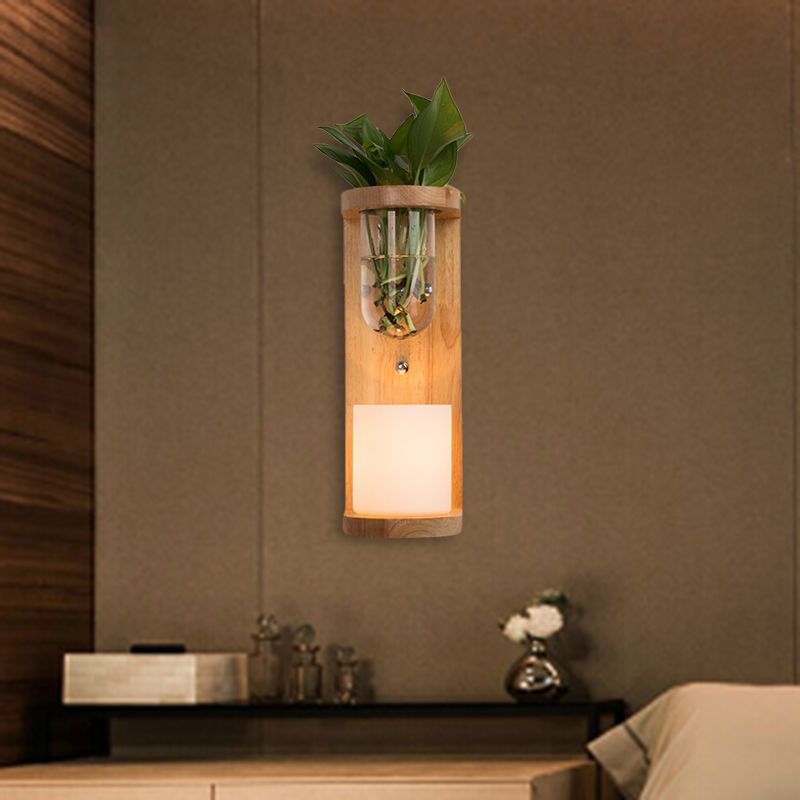 Cylinder Living Room Wall Light Industrial Opal Glass 1 Light Wood LED Sconce Lighting Fixture