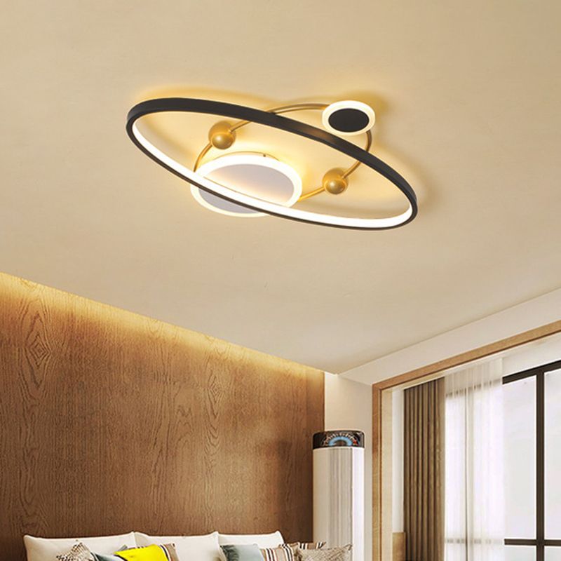 Planet Living Room Flush Mount Lamp Acrylic LED Contemporary Ceiling Mounted Fixture in Black, Warm/White Light