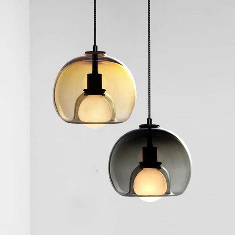 Colgante de suspensión de domo Contemporáneo Amber/Smoke Glass 1 Lámpara de lámpara colgante negra ligera para dormitorio