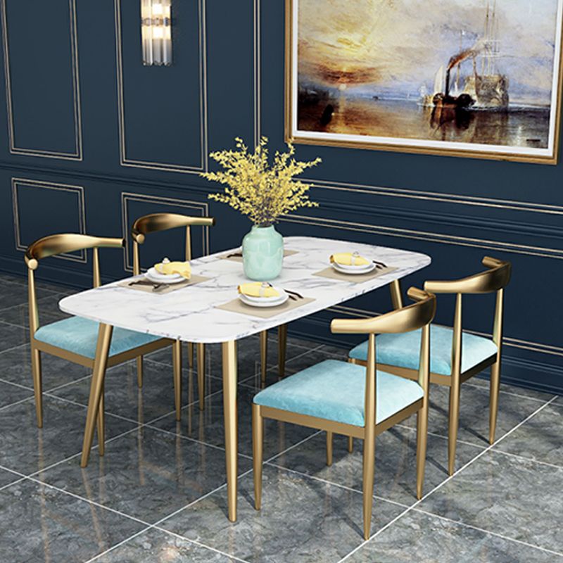 Glam 4 Legs Dining Table Stone Top Table with Metal Base for Dining Room