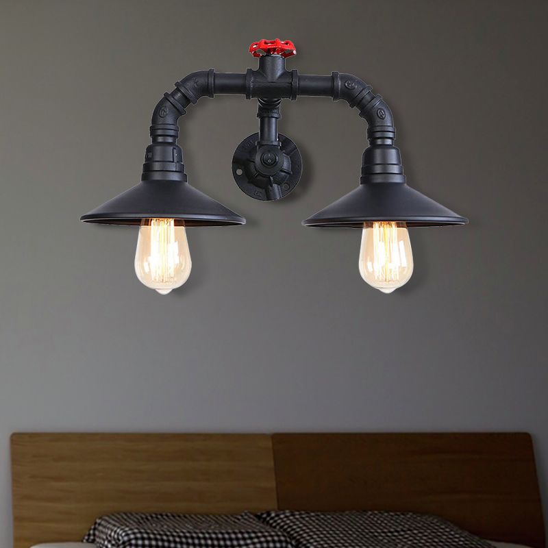 Black Plumbing Pipe Wall Lighting with Red Valve Rustic Industrial Metallic 2 Light Stairway Wall Sconce Light