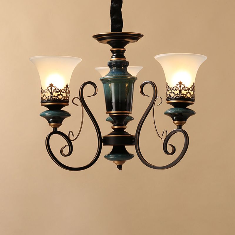 3/5/6-Bulb Chandelier Light Fixture with Bell Shade Opal Glass Rural Guest Room Suspension Pendant in Black-Gold