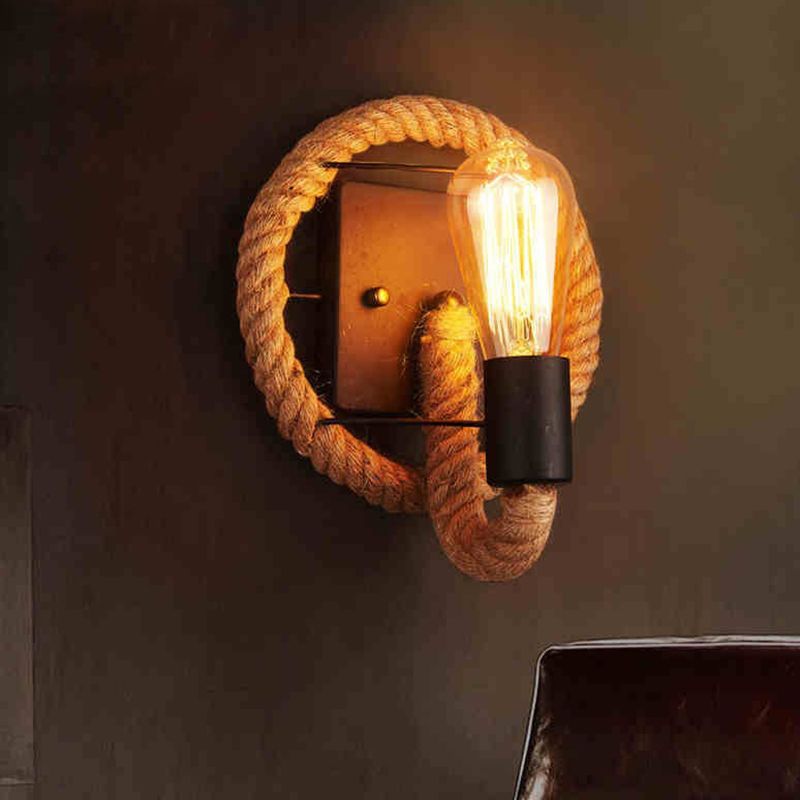Wagon Wheel Indoor Wall Lighting Lodge Style Wall Mount Light with Rope Shade