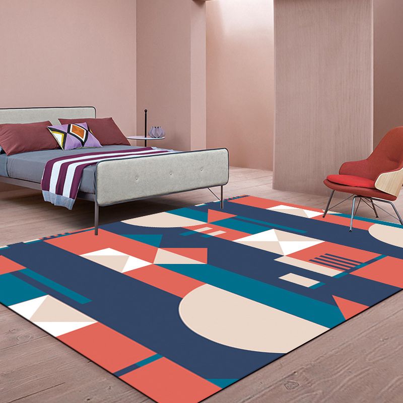 Orange and Blue Bedroom Rug Modern Color Block Pattern Area Rug Polyester Stain-Resistant Carpet