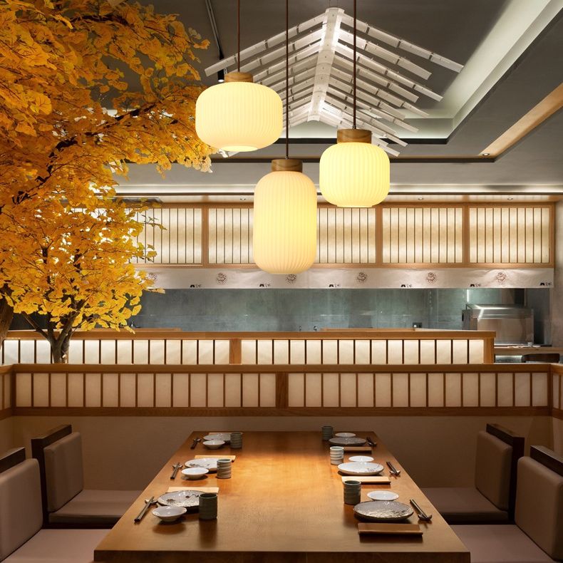 White Wooden Pendant Light in Modern Concise Style Glass Drum Hanging Light for Dining Room