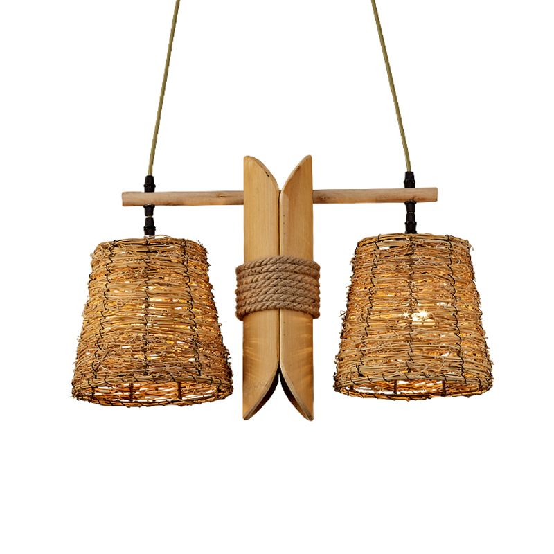 Conic Restaurant Island Ceiling Light Farm Rattan 2 Heads Beige Pendant Lamp with Bamboo Tube Decor