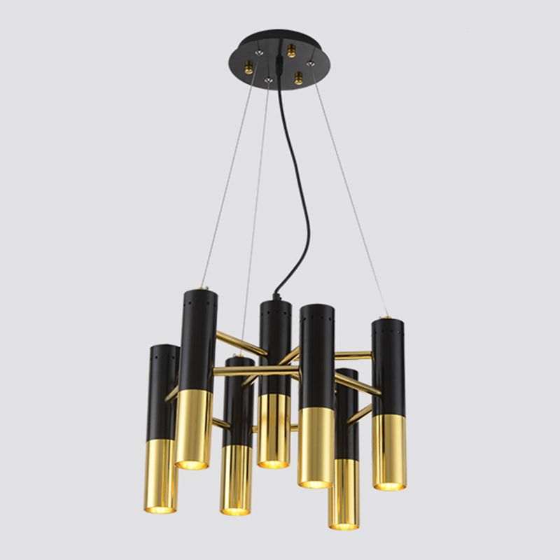 Postmodern Black-Gold Chandelier Metal Tubular Living Room Suspension Light