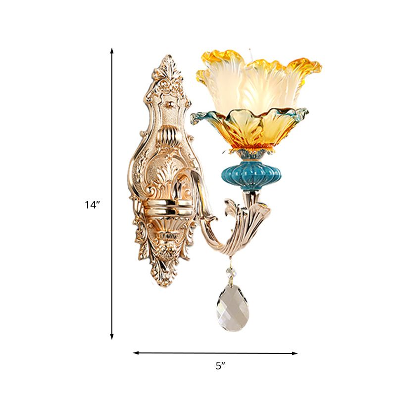 Flower Wall Light Fixture Modernism Amber and Blue Glass 1/2 Heads Brass Sconce Light