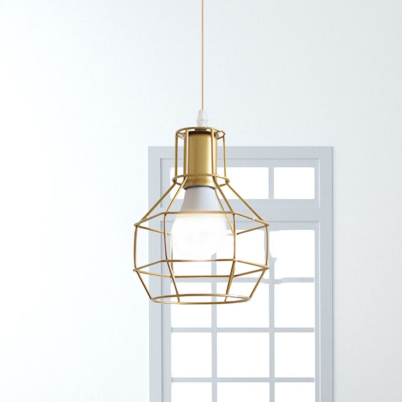 Gold Wire Cage Pendant Light 1 Head Retro Industrial Iron Hanging Lamp with Shade for Coffee Shop