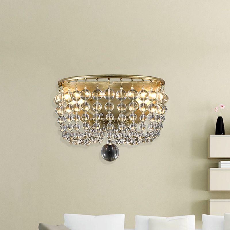 2-Bulb Wall Mounted Lamp Countryside Beaded Crystal Ball Wall Sconce Lighting in Gold for Living Room