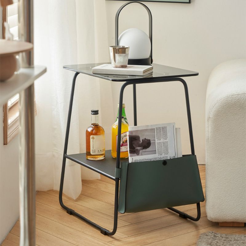 Metal Sled End Table Glass Top Side Sofa Side Accent Table with Shelf